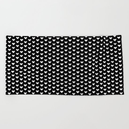White Hearts on Black Beach Towel