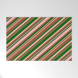 [ Thumbnail: Light Pink, Sienna, and Dark Green Colored Stripes Pattern Welcome Mat ]