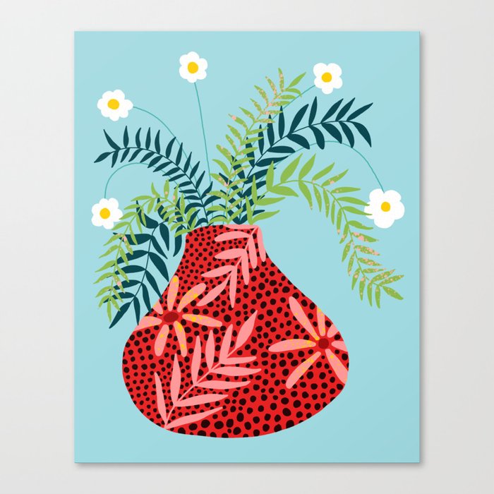 Sunny Side Up Flower Pot, Floral Odd Quirky Imperfect Whimsical Unique, Eclectic Bohemian Strange Polka Dots Maximalist Canvas Print