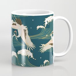 Japanese Crane Oriental Ocean Wave Pattern Mug
