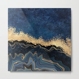Deep Cerulean + Gold Abstract Shoreline Waves Metal Print