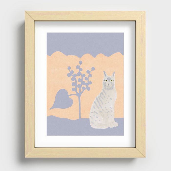 Lynx under a Tree - Greyish White and Periwinkle and Pink Recessed Framed Print