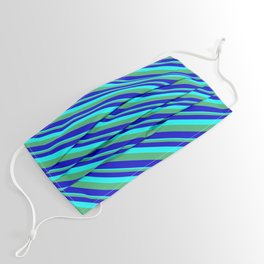 [ Thumbnail: Aqua, Sea Green & Blue Colored Striped/Lined Pattern Face Mask ]