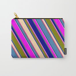 [ Thumbnail: Blue, Dark Blue, Tan, Fuchsia, and Green Colored Stripes/Lines Pattern Carry-All Pouch ]