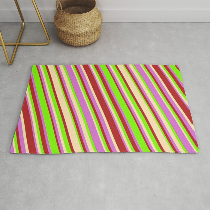 Green, Beige, Orchid, and Red Colored Lined Pattern Rug