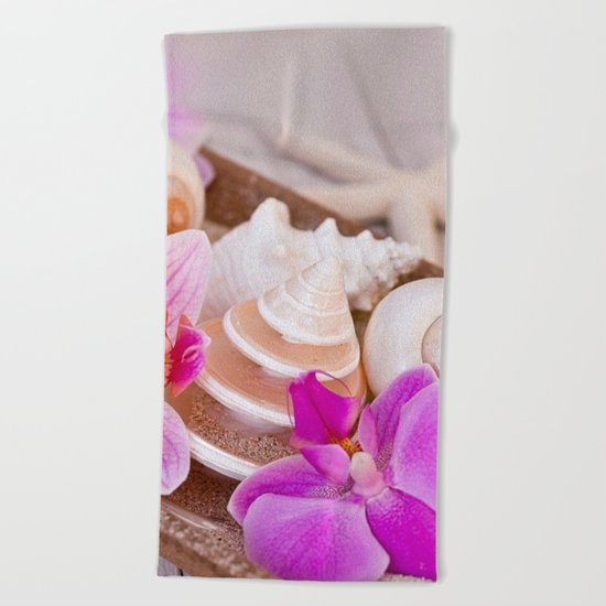 Pink Orchid and Sea Shell Maritime Still Life Beach Towel