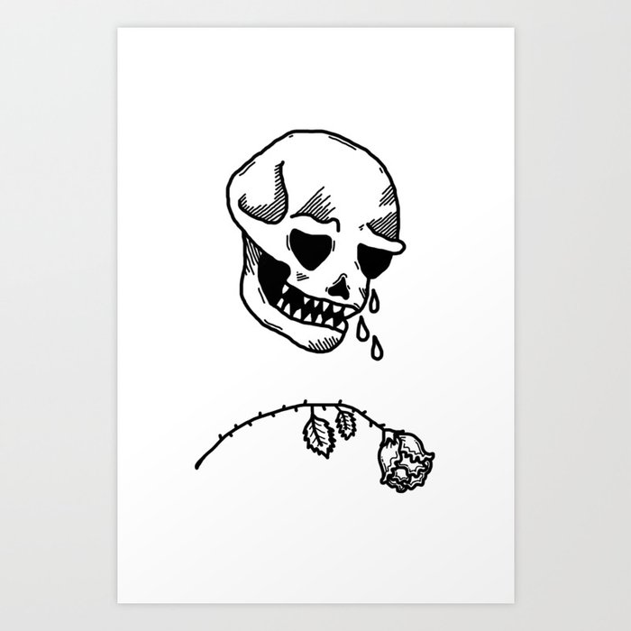 Sad Skull - Black on White Art Print
