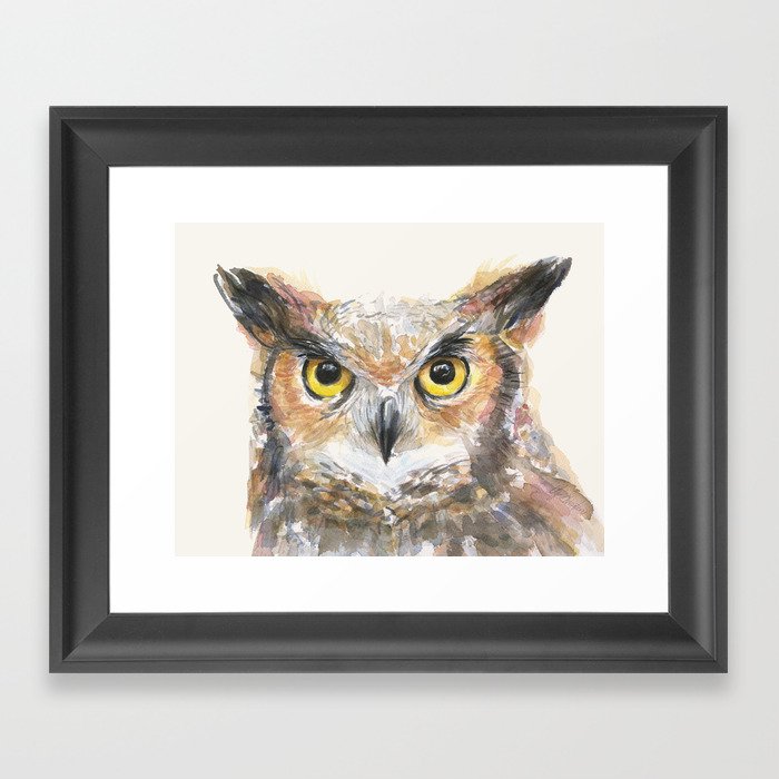Owl Watercolor Great Horned Owl Painting Framed Art Print