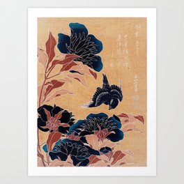 Peonies and Canary by Katsushika Hokusai : japanese flowers : Nocturnal Blooms: Midnight Blue  Art Print