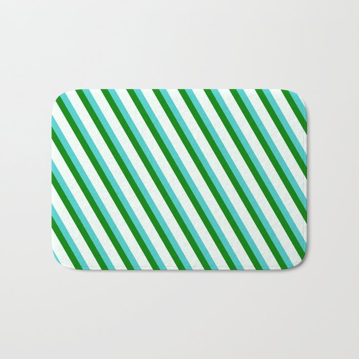 Turquoise, Green & Mint Cream Colored Stripes Pattern Bath Mat