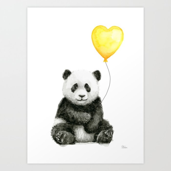 Panda with Yellow Balloon Baby Animal Watercolor Nursery Art Art Print