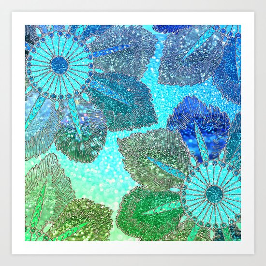 Aqua Green and Blue Glitter Flowers on #Society6 Art Print