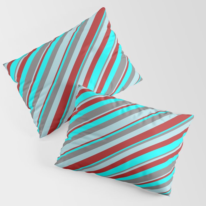 Gray, Powder Blue, Red & Cyan Colored Stripes Pattern Pillow Sham