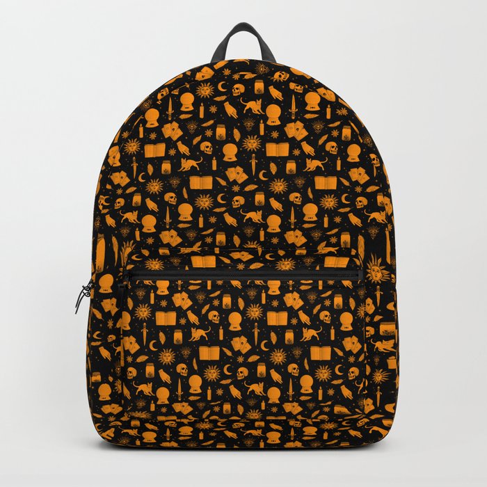 Small Bright Dayglo Orange Halloween Motifs Skulls, Spells & Cats on Spooky Black Backpack