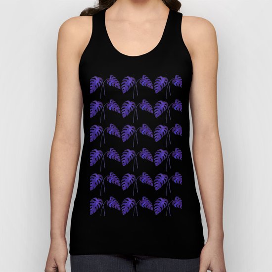 Indigo Monstera Leaf Watercolor on Black Unisex Tank Top