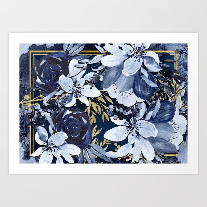 Navy Blue & Gold Watercolor Floral Art Print