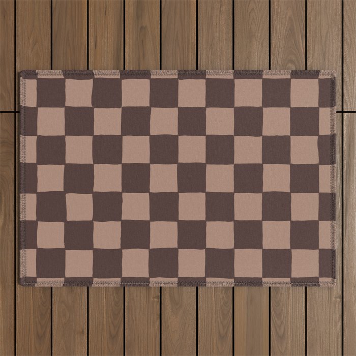 Brown Tan Handpainted Checker Outdoor Rug