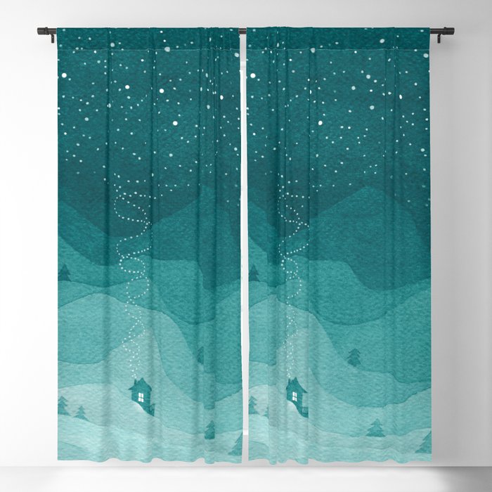 Stars factory, teal mountains house watercolor landscape Blackout Curtain