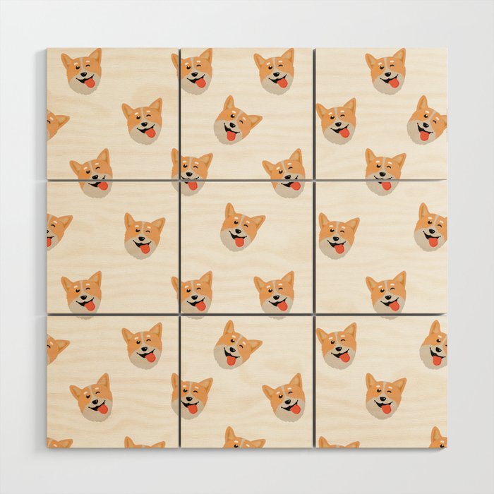 Cute Corgi Dog Lover Seamless Print Pattern Wood Wall Art