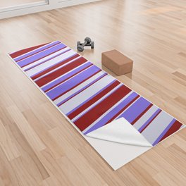 [ Thumbnail: Medium Slate Blue, Lavender & Dark Red Colored Stripes/Lines Pattern Yoga Towel ]