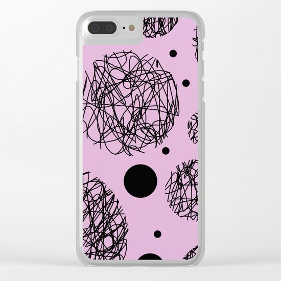 Scribbles II - Abstract black scribbles and black circles pattern on pink Clear iPhone Case