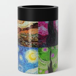 The Starry Night - La Nuit étoilée oil-on-canvas post-impressionist landscape masterpiece painting in alternate four-color collage gold, pink, blue, and green by Vincent van Gogh Can Cooler