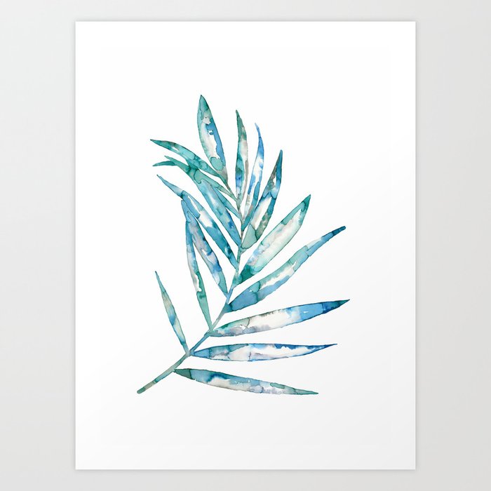 Blue Fern Leaf Ink Painting Botanical Art Print By