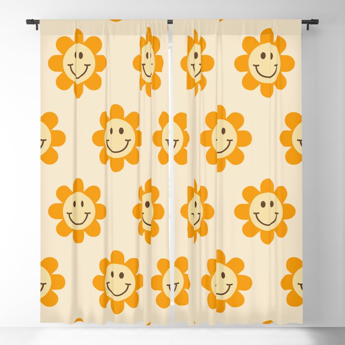 70s Retro Smiley Floral Face Pattern in yellow and beige Blackout Curtain