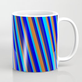 [ Thumbnail: Midnight Blue, Chocolate, Deep Sky Blue & Blue Colored Striped/Lined Pattern Coffee Mug ]