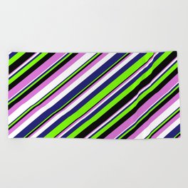 [ Thumbnail: Midnight Blue, Green, Black, Orchid & White Colored Stripes Pattern Beach Towel ]