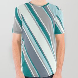 [ Thumbnail: Slate Gray, Teal, Powder Blue, Dark Grey, and Mint Cream Colored Lines/Stripes Pattern All Over Graphic Tee ]