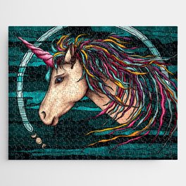 Rainbow unicorn painting, legendary creature on teal background Jigsaw Puzzle