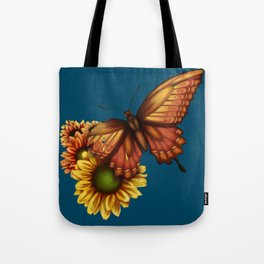 Broken Mariposa in Blue - Autumn Butterfly with Torn Wing and Sunflowers Tote Bag