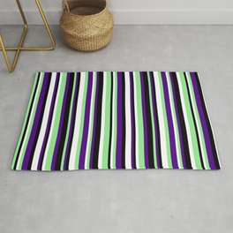 [ Thumbnail: Indigo, Light Green, White & Black Colored Stripes/Lines Pattern Rug ]