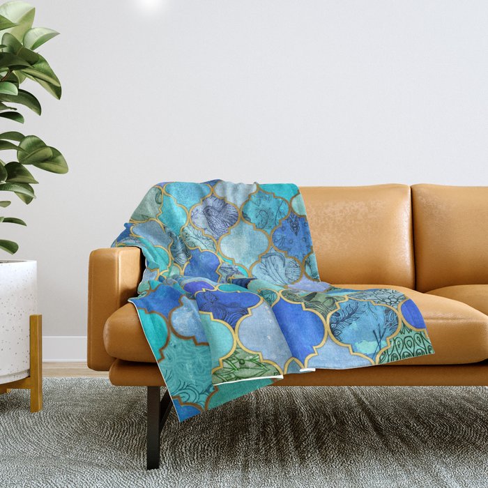 Cobalt Blue Aqua Gold Decorative Moroccan Tile Pattern Throw