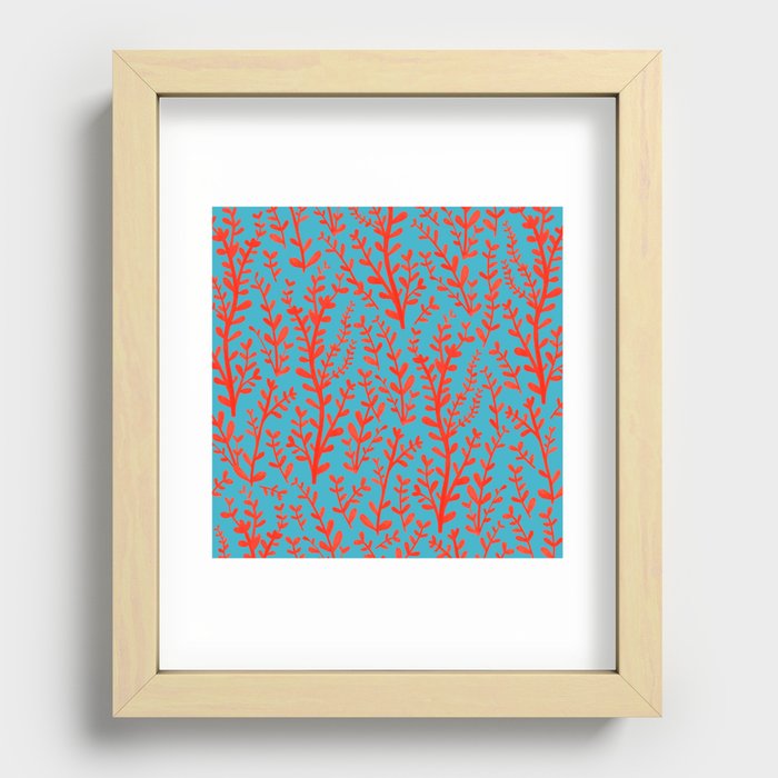Turquoise and Red Leaves Pattern Recessed Framed Print