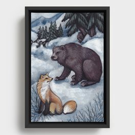 Winter meeting of Bear and Fox Framed Canvas