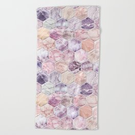 Rose Quartz and Amethyst Stone and Marble Hexagon Tiles Beach Towel