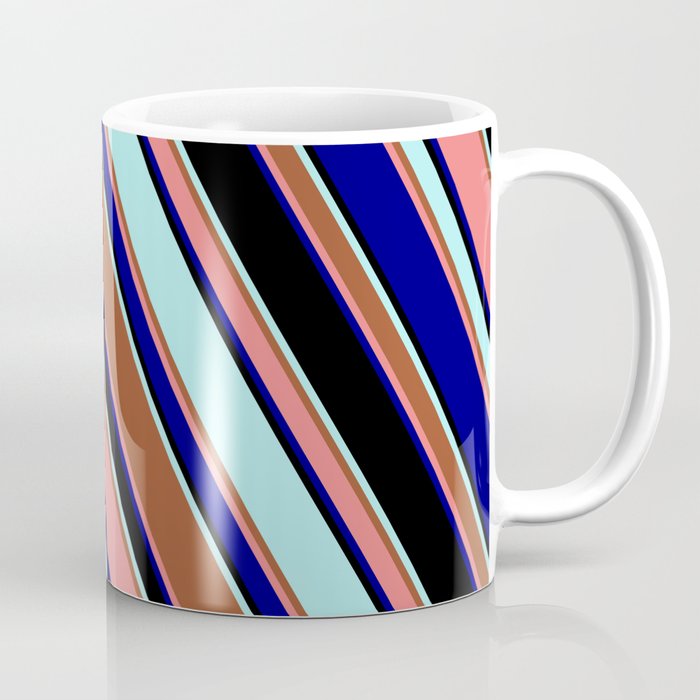 Eyecatching Turquoise, Sienna, Light Coral, Blue, and Black Colored Lined Pattern Coffee Mug