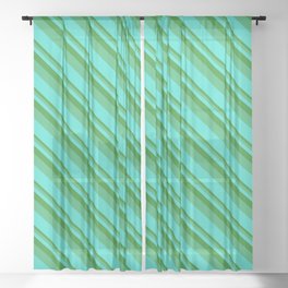 [ Thumbnail: Forest Green, Sea Green & Turquoise Colored Lined Pattern Sheer Curtain ]