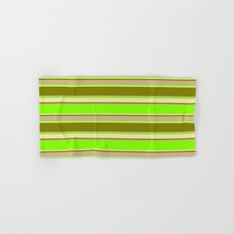 [ Thumbnail: Chartreuse, Pale Goldenrod, Green & Tan Colored Pattern of Stripes Hand & Bath Towel ]