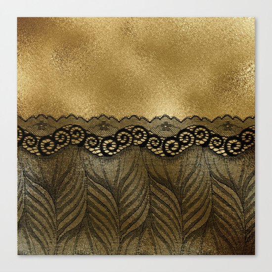Black floral luxury lace on gold effect metal background Canvas Print