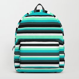 [ Thumbnail: Eyecatching Aquamarine, Dark Turquoise, Dark Slate Gray, Black, and White Colored Stripes Pattern Backpack ]