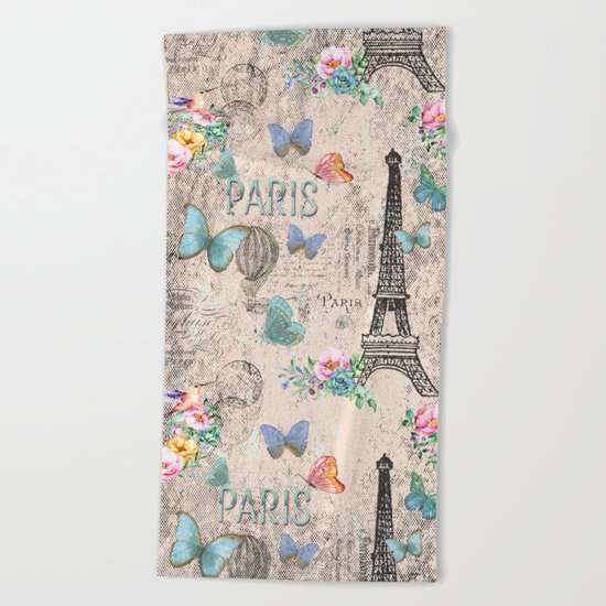 Paris - my love - France Nostalgy- pink French Vintage Beach Towel