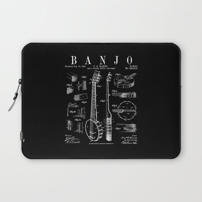 Banjo Musical Instrument Vintage Patent Drawing Print Laptop Sleeve