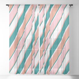 [ Thumbnail: Dark Salmon, Teal, White, and Pink Colored Lines/Stripes Pattern Sheer Curtain ]