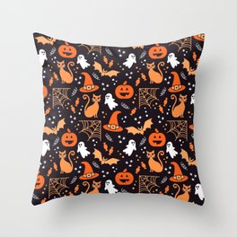 Halloween party illustrations orange, black Throw Pillow