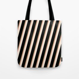 [ Thumbnail: Dark Olive Green, Light Coral, Beige, and Black Colored Striped/Lined Pattern Tote Bag ]