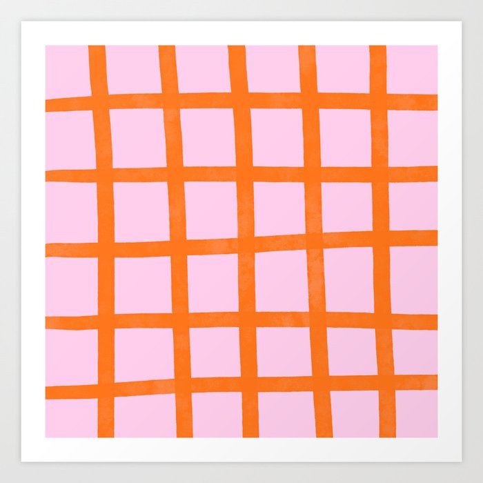 Grid Lines Pink and Orange Pattern Art Print