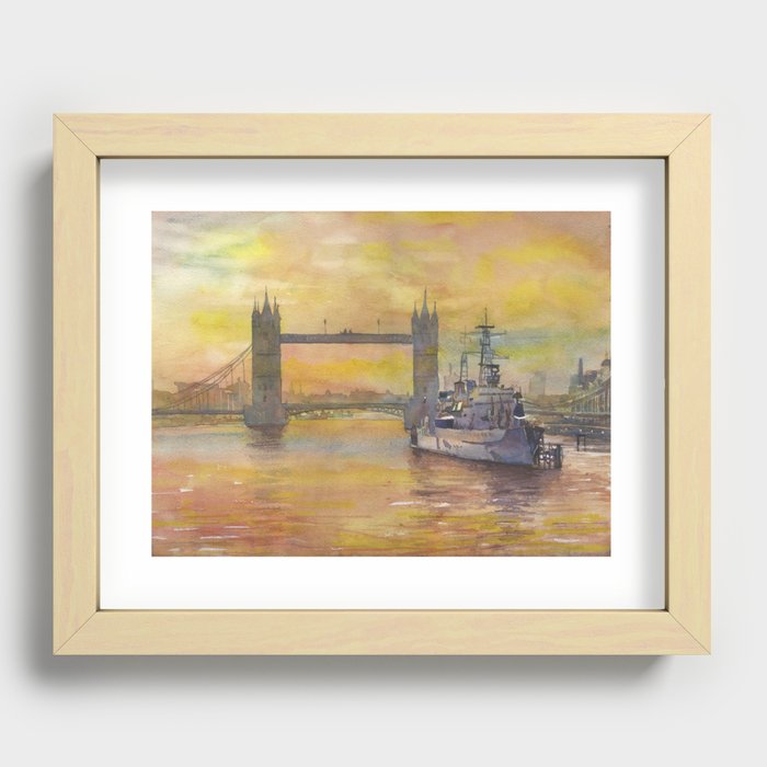 Tower Bridge  and boat on River Thames at dusk- London, England.  London skyline bridge artwork sunset Recessed Framed Print